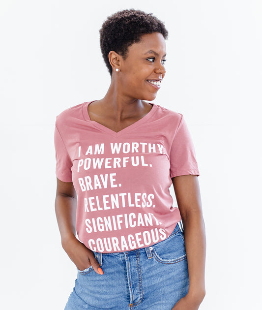 I AM WORTHY V-Neck Tee - Mauve