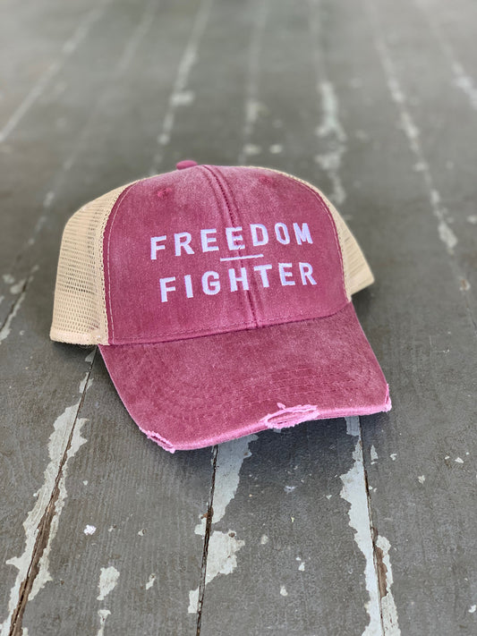 Distressed Light Washed Burgundy Freedom Fighter Cap
