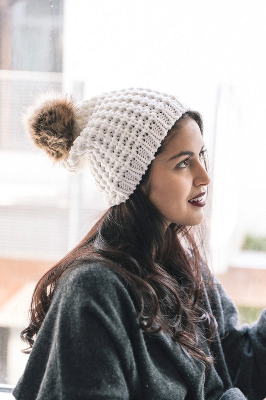 Ivory Pom Pom Beanie