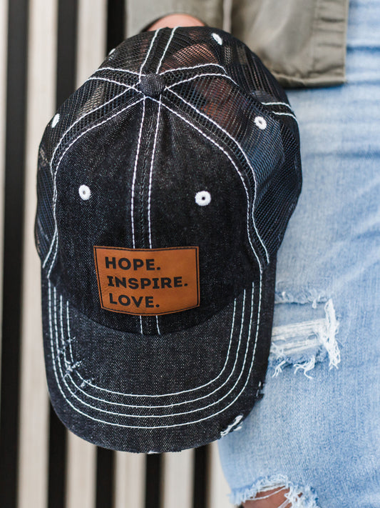 Hope Inspire Love Cap - Leather Patch - Black Denim