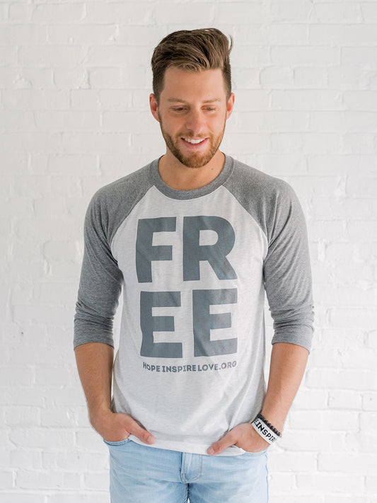 FREE 3/4 Sleeve Baseball Tee - Grey - Unisex