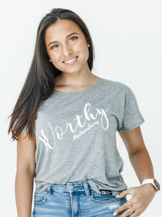 WORTHY - Grey Short Sleeve T-Shirt with Scoop Neck